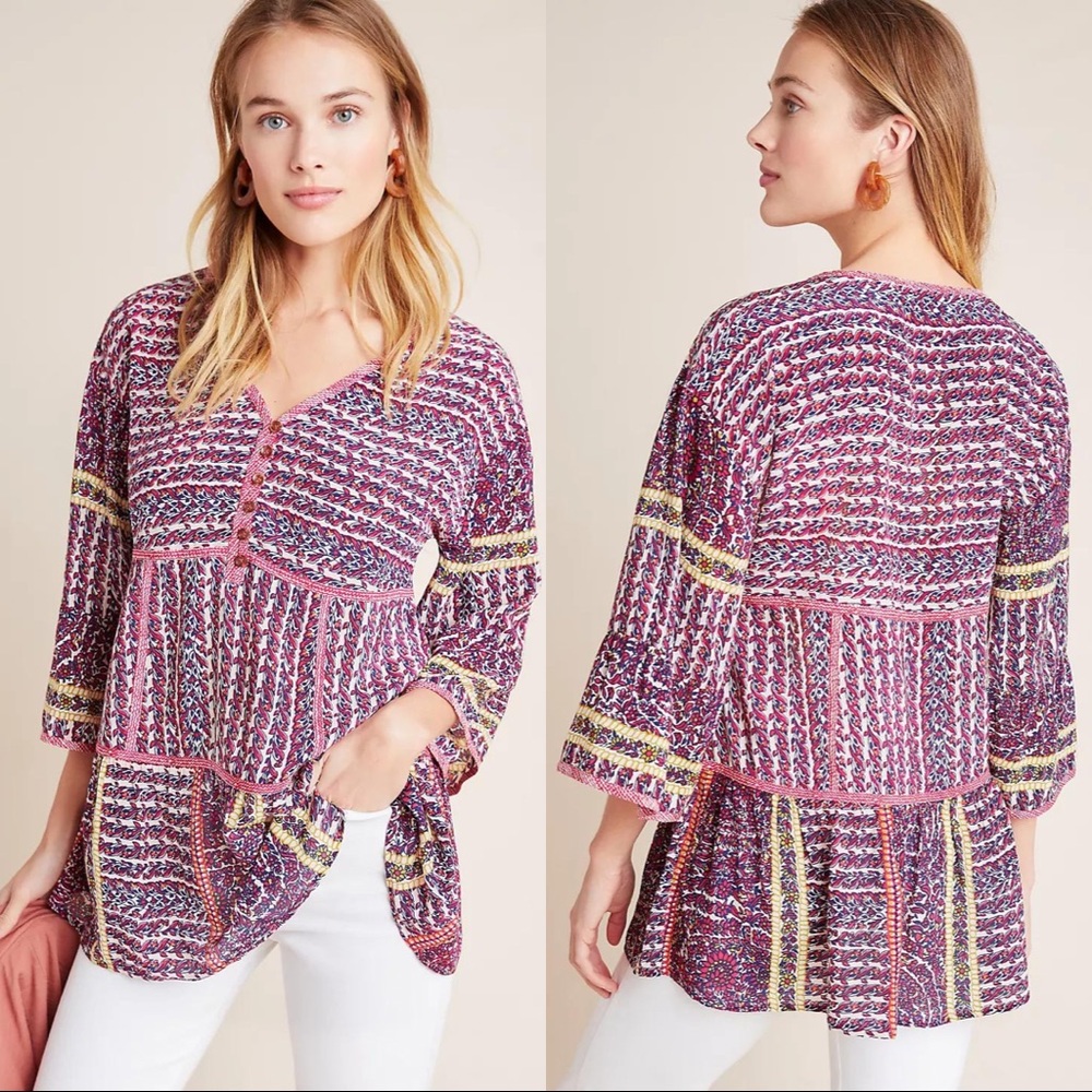 3 for $30! Anthropologie Maeve Lilyana Tiered 100% Silk Floral WideSleeve Blouse